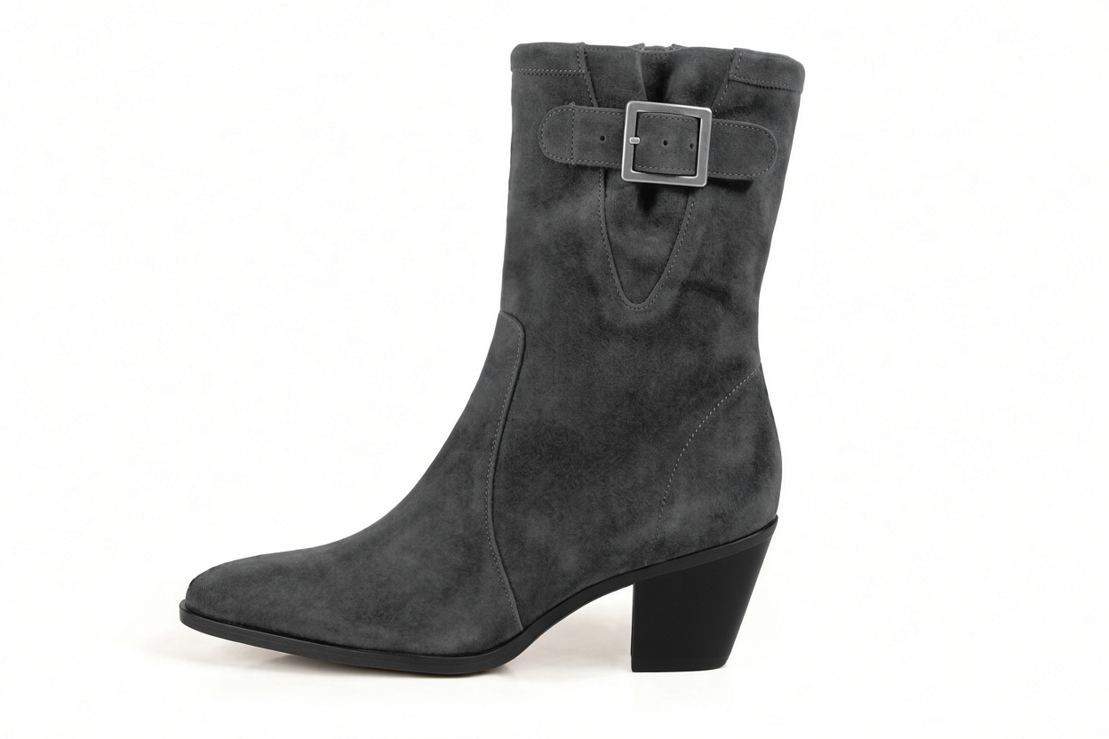 Classic leather ankle boots with a discreet inside zipper, designed for a seamless, elegant silhouette and effortless everyday wear, in charcoal gray leather with almond toe and mid cone heel - Florence KOOIJMAN